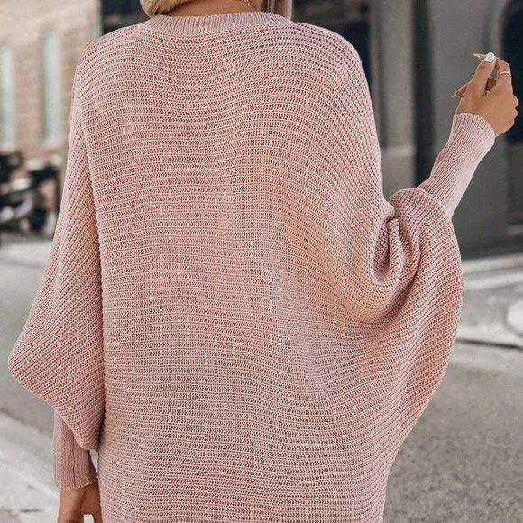 Pink Casual Womens Solid Batwing Sleeve V Neck Sweater - Picture 2 of 5